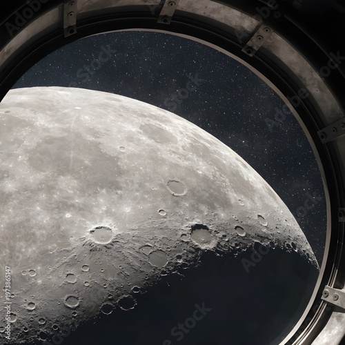 High-resolution illustration of the Moon viewed from inside the Artemis II Orion spacecraft window.