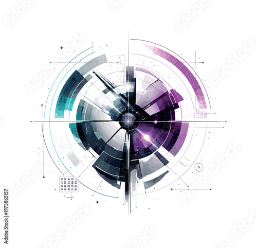 futuristic artifact composed of fragmented shapes and semicircles, thin linear details and symbolic markers around, monochrome object with cyan and magenta