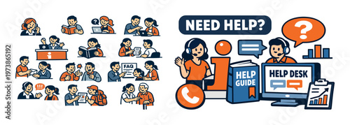 Customer support and help desk isometric composition with assistance icons, support agents, question marks, computer service elements, and online consultation concept. Colorful vector-style set for te