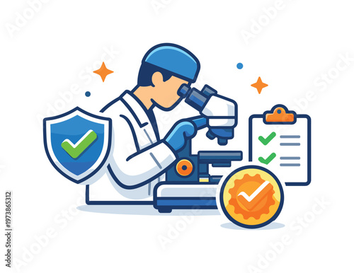 Laboratory technician microscope highlighting quality control, combining the microscope with shield and indicator icons to convey safety standards