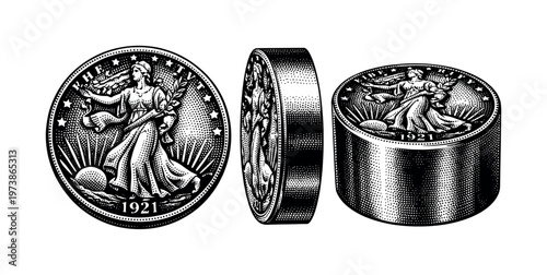 Coin minting die A detailed coin minting die is displayed in three views revealing engraved surface, relief depth, and cylindrical body. Black and white dot