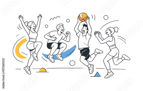 Group outdoor workout. Friends doing jumping exercises, playing with a ball, laughing and moving together in an open space, abstract shapes showing rhythm and