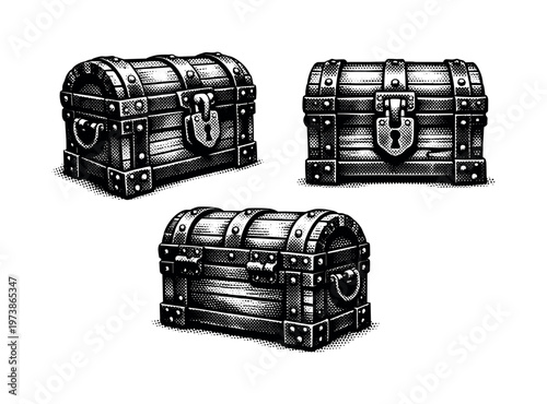 Medieval treasure chest. A medieval-style treasure chest depicted as one isolated object in three different angles focusing on thick planks, decorative metal
