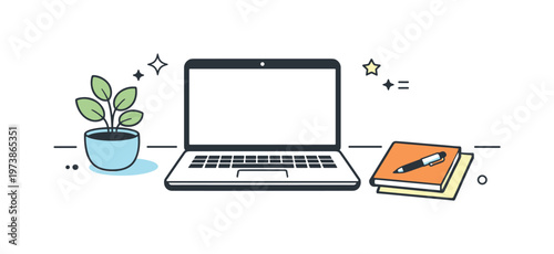 Calm workspace. A clean desk with a laptop, plant, and notebook arranged neatly, suggesting mindful organization. Peaceful mood with minimal decorative