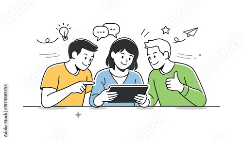 Non-verbal cues in teamwork. A small group collaborating with gestures, posture, and shared visual focus on a tablet, expressing cooperation without many