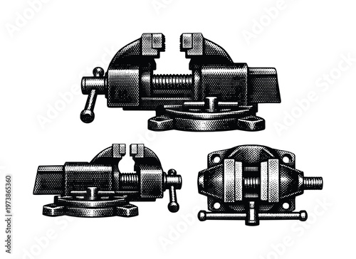 bench vise tool A heavy bench vise shown in front view, side profile, and top-down view with jaws, screw mechanism, and mounting base clearly defined. Black
