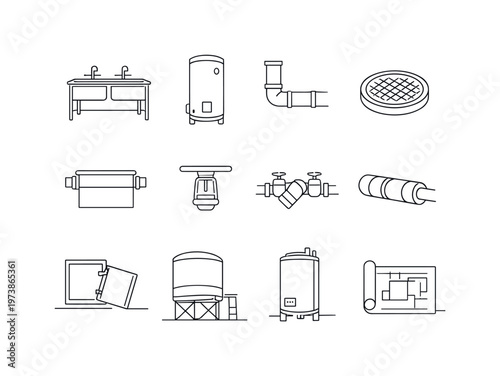 Commercial Plumbing and Drainage Installation. Minimalistic set one-line drawing industrial sink, large water heater, main drain pipe, sewer manhole cover,