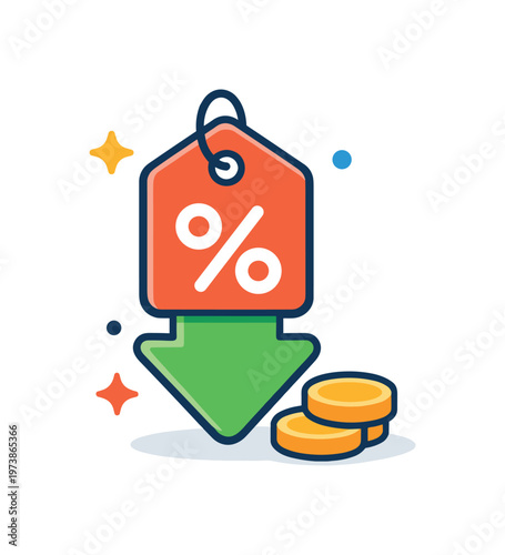 Discount shopping concept a price tag combined with a downward arrow and small coins suggests savings, affordability, and smart purchasing decisions.