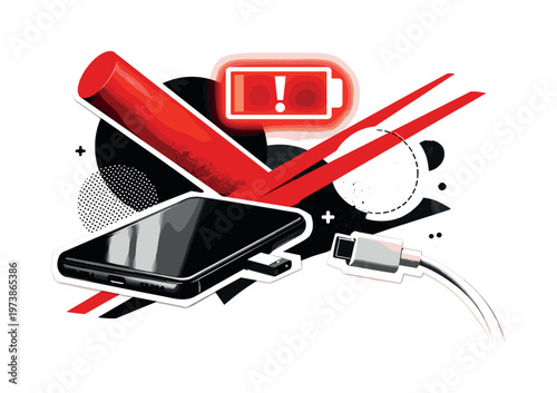 Black and white charging cable unplugged from a smartphone, red battery warning symbol hovering above, dynamic red cylinder shape and diagonal lines suggesting