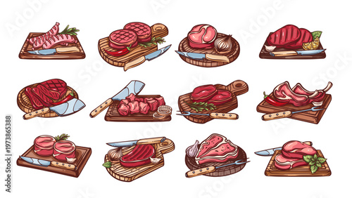 Meat products on wooden board set. Outline hand drawn color sketch of beef filet mignon, tomahawk and tbone steak, wagyu, sausages. Cooking, butchers shop mascot, meat menu icons vector illustration