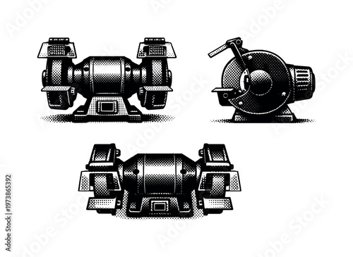 bench grinder tool A bench grinder shown in front view, side profile, and top-down angle with dual grinding wheels, motor housing, and tool rests clearly