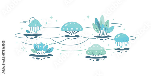 Floating alien flora. Unusual plants hovering slightly above the ground, softly glowing and connected by thin lines, creating a peaceful otherworldly
