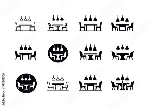 Kitchens and dining room designs. Icon set. Set Logo of Kitchens and dining room designs: hanging pendant lights. harmonious logo variations of the same