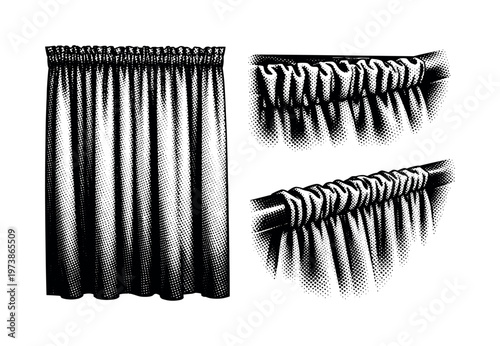 Window curtain gathered top A realistic window curtain with gathered header shown in three views: front view, close top view, and angled perspective, focusing