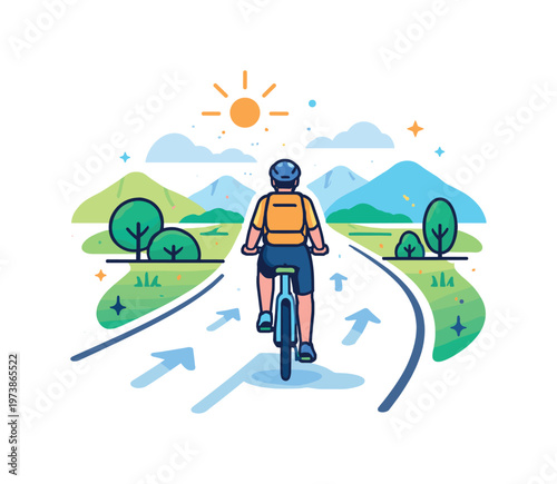 Journey and direction a cyclist moving forward along a rural road with subtle directional elements suggests progress, purpose, and personal growth. Minimalist