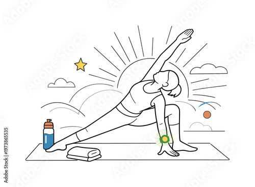 Adventure sports energy. Hiker climbing a mountain with backpack, climber on a rock wall, flags on the peak, wind lines emphasizing height and motion. Sense of