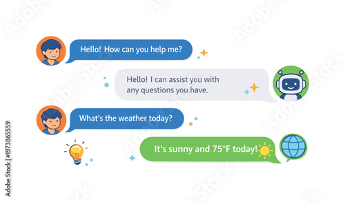 AI assistant chatbot interface illustrating conversational AI with flowing message bubbles and subtle spark icons, symbolizing intelligence, understanding, and