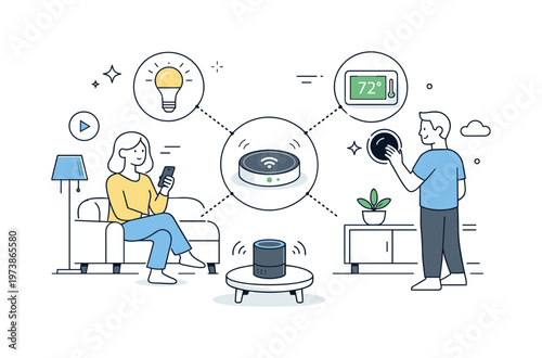 Smart home ecosystem. Friendly modern interior with smart lights, thermostat, and speaker connected through a central hub, calm daily technology interaction.