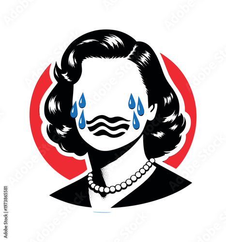 Pop art crying woman without identity, black and white retro female portrait with no facial features, tears illustrated as bold blue graphic drops, mouth