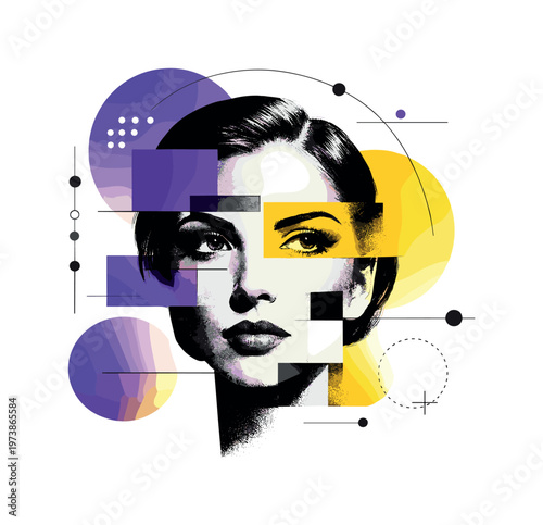 fragmented human face with overlapping circles and vertical lines, abstract shapes and symbolic eye motifs, black and white face with red and beige accents,