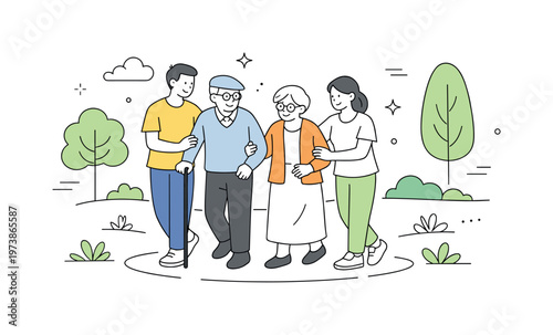 Outdoor walk with grandparents. Family walks slowly in a park, supporting grandparents and enjoying fresh air together. Peaceful movement with trees and
