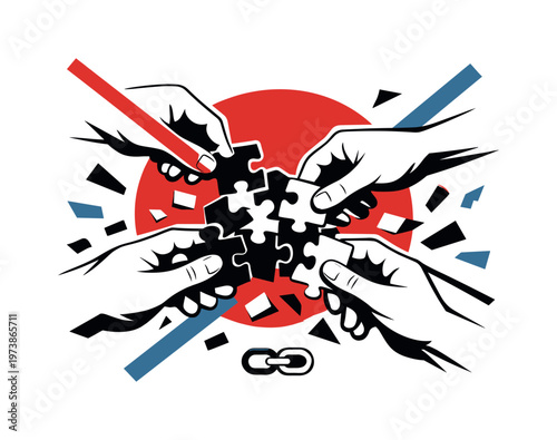 Black and white dynamic composition of overlapping hands assembling scattered puzzle pieces toward the center, bold red semicircle and intersecting diagonal