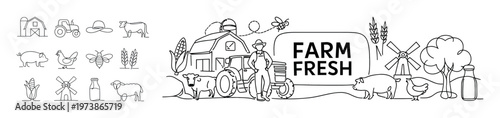 Farm fresh line icon composition with organic agriculture symbols, farmer elements, livestock, vegetables, and rural harvest concept. Minimal outline collection for natural food, local produce, eco fa