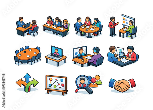 Recruitment Meeting. Colorful isometric vector icons set of Recruitment Meeting: recruiter and applicant meeting, panel interview scene, HR team discussion,