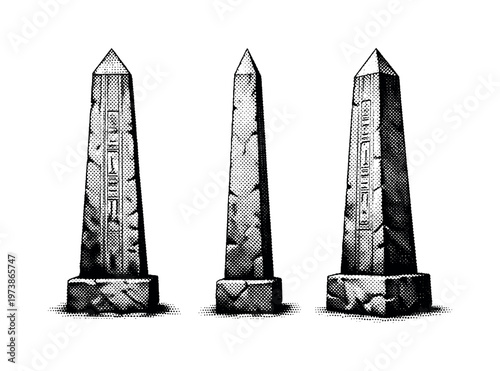 Ancient stone obelisk ? An ancient stone obelisk represented as the same object in three views, highlighting carved surface texture, vertical lines, and