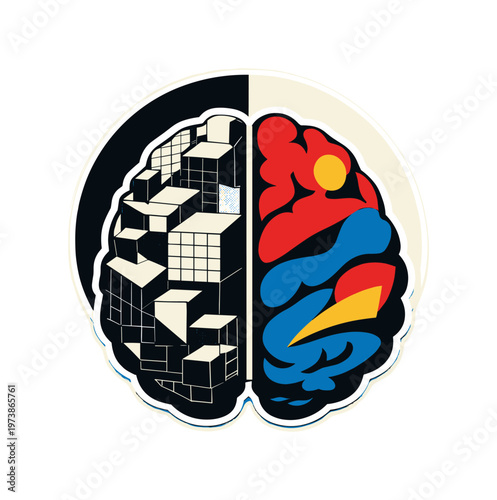 Black and white retro-style split human brain centered in composition, left hemisphere composed of rigid geometric blocks and thin grid lines, right hemisphere