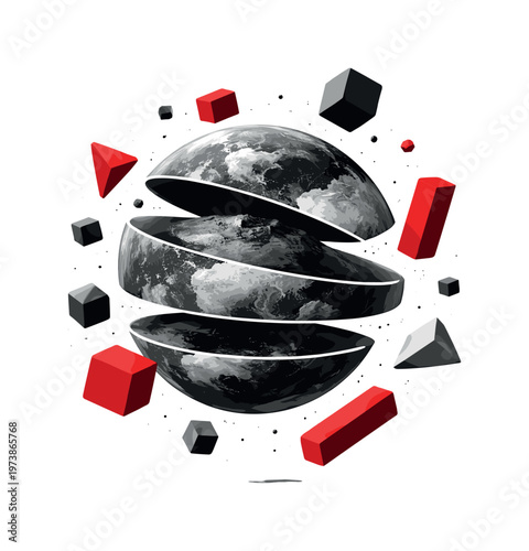 surreal planet cut into segments with floating geometric blocks, monochrome spherical form with red accent shapes and white outline cut-out effect, modern