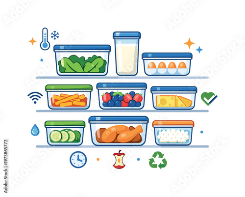 Refrigerator food organization centered on transparent containers arranged by size with small freshness icons suggesting smart storage and reduced food waste.