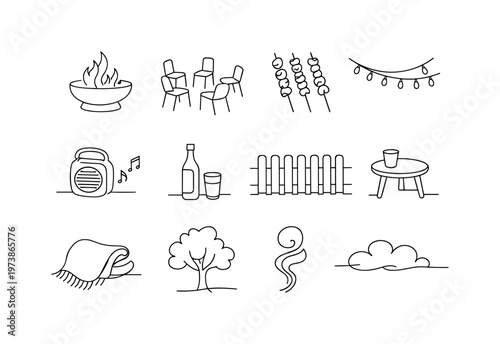 Backyard Fire Pit Gathering. Minimalistic set one-line drawing fire pit bowl, circle of chairs, skewers with food, patio string lights, speaker for music,