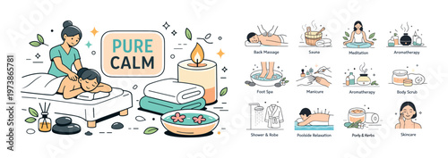 Pure calm composition with meditation and wellness icons, relaxing woman character, spa elements, mindfulness symbols, and self care concept. Soft modern vector-style set for yoga, stress relief, ment