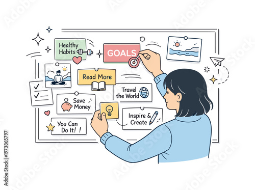 Personal Development Planning. A person sitting near a vision board filled with neatly arranged cards representing habits, dreams, and milestones. Relaxed and