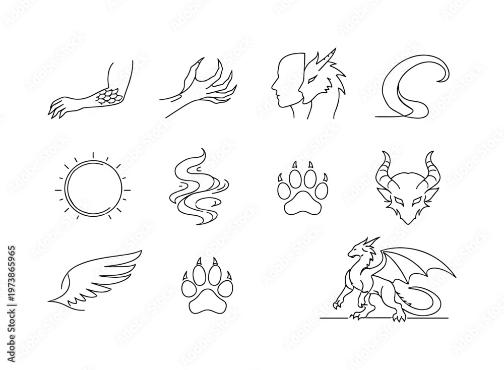 Obraz premium Fantasy Creature Metamorphosis. Minimalistic set one-line drawing person turning into dragon silhouette, scales forming on arm, elongated claw hand, beast ears