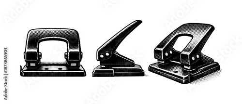 Two-hole punch A standard office two-hole punch with dual cutting cylinders and a flat base is depicted in three views: front, side profile, and perspective