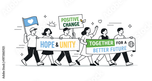 Peaceful protest. An editorial illustration of people calmly marching with banners of hope, collective purpose and positive change, soft motion lines