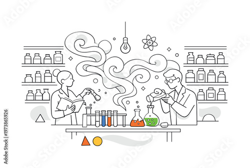 Early chemistry lab. Tall shelves with bottles and labels, test tubes on a table, soft smoke curls shaping abstract patterns. A calm yet mysterious mood of