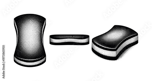 Dish sponge ? ergonomic cleaning sponge with slightly curved form and beveled edges, displayed in top view, side view, and three-quarter angle for dimensional