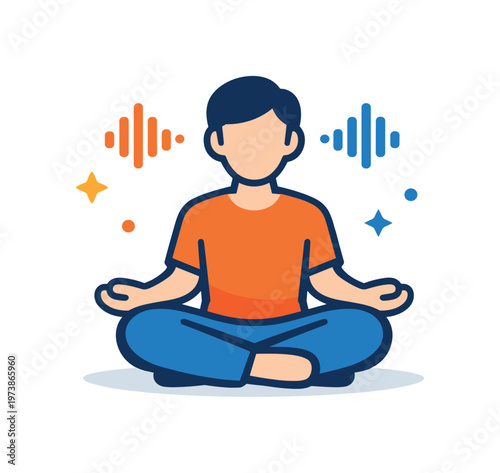Guided meditation moment with a calm figure sitting and subtle sound wave icons near the head suggesting focus and awareness. A clean representation of