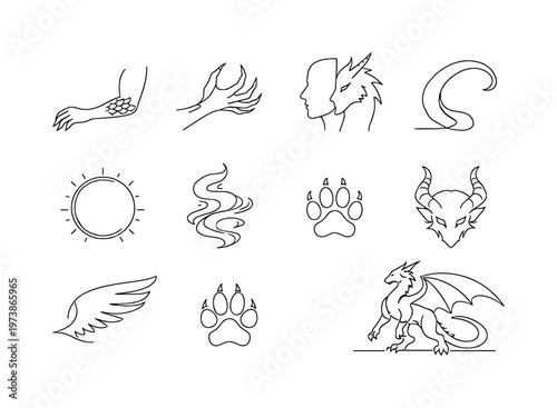 Fantasy Creature Metamorphosis. Minimalistic set one-line drawing person turning into dragon silhouette, scales forming on arm, elongated claw hand, beast ears