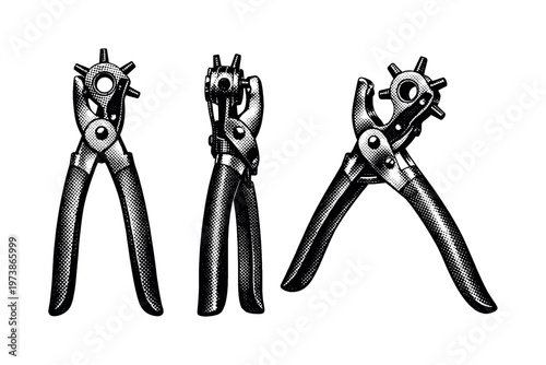 Leather punch pliers Rotary leather punch pliers with a circular rotating head and multiple hole sizes are presented in three views: closed front, side