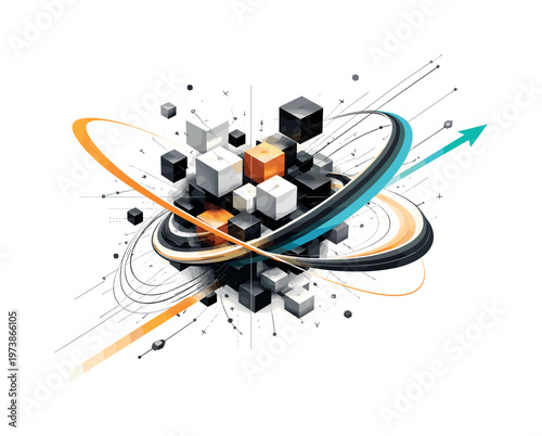 abstract technological object with floating cubes and curved forms, symbolic arrows and linear elements crossing composition, black and white object with