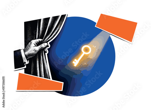 Vintage black and white hand pulling a stage curtain aside, layered cut-out effect with white contour, large cobalt blue cylinder shape crossing the