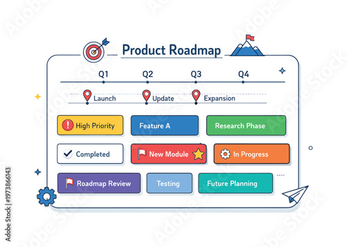 Product roadmap board focused on strategic planning and long-term vision alignment. A compact editorial scene showing a structured board with milestones,
