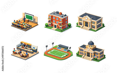 College campus life. Isometric flat vector icons set of College campus life: lecture hall classroom, student dormitory building, campus library, cafeteria