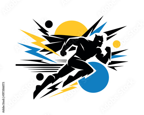 retro superhero silhouette abstract lightning bolts circles and sharp lines dynamic black and white figure with yellow and blue accents modern graphic collage