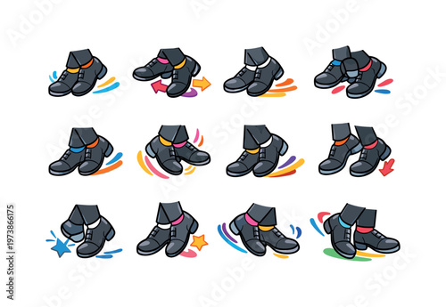 Tap Dance Moves. Colorful isometric vector icons set of Tap Dance Moves: shuffle step, ball change, flap step, cramp roll, time step, pullback jump, brush