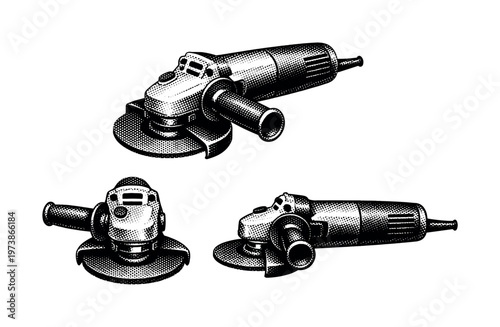 angle grinder tool A handheld angle grinder displayed in three orientations showing the disc, handle, and motor housing with realistic proportions. Black and